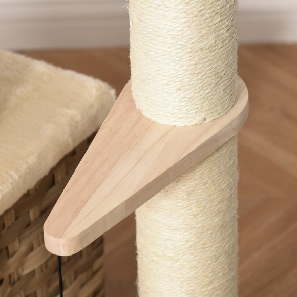 Arbre À Chats Style Cosy Chic Griffoirs Sisal Naturel Niche 3 Plateformes 2 Jeux Boules Peluche Courte Résine Tressée Imitat