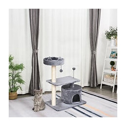 Arbre À Chats Griffoir Sisal Naturel Centre D'activités Niche Plateformes Jeu Boule Suspendue Et À Ressort Gris