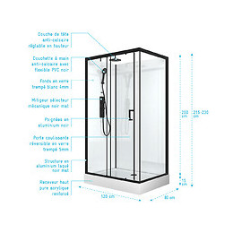 Cabine De Douche Rectangle 80x110 Cm À Porte Coulissante + Receveur En Acrylique Renforcé