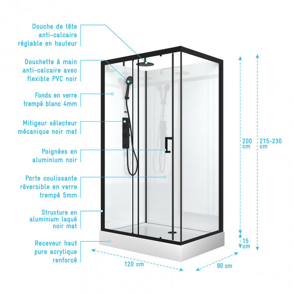 Cabine De Douche Rectangle 80x110 Cm À Porte Coulissante + Receveur En Acrylique Renforcé