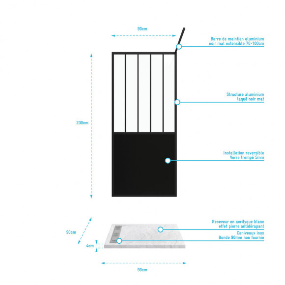 Pack Paroi De Douche 90x200 Cm Noir Mat + Receveur Extra Plat A Poser 90x90 Cm Caniveau