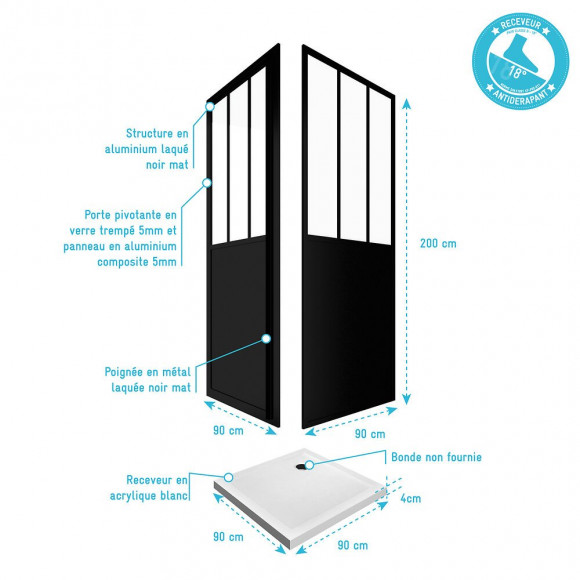 Pack Porte Pivotante Verre Trempé 5mm + Panneau Aluminium Composite + Receveur Blanc 90x90