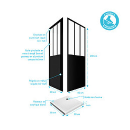 Pack Porte Pivotante Verre Trempé 5mm + Panneau Aluminium Composite + Receveur Blanc 90x90