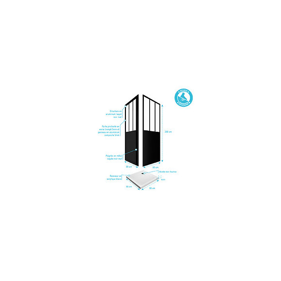 Pack Porte Pivotante Verre Trempé 5mm + Panneau Aluminium Composite + Receveur Blanc 90x90