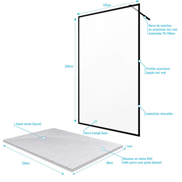 Paroi De Douche 120x200 + Receveur 120x80 Cm - Cadre Et Barre Noir Mat - Contouring 120
