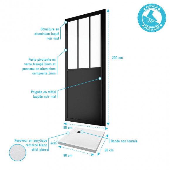 Pack Paroi Porte De Douche Pivotante 90x200cm Et Receveur - Profile Noir Mat - Verre 5mm + Receveur