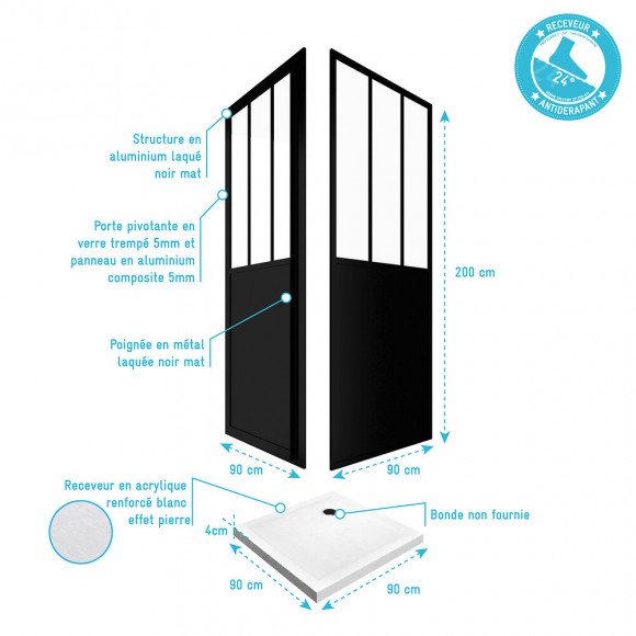 Pack Complet Paroi Porte De Douche Pivotante Et Paroi De Retour Type Atelier Et Receveur Blanc