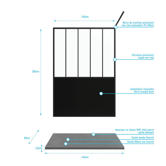 Pack Paroi De Douche 90x200 Cm Noir Mat + Receveur De Douche A Poser En Resine Smc