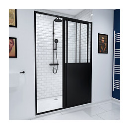 Paroi De Douche Coulissante Type Atelier - 120x200cm + Receveur - Profile Noir Mat - Verre 5mm