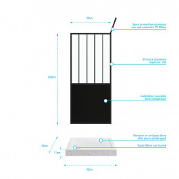 Pack Paroi De Douche 90x200 Noir + Receveur Haut A Poser Blanc Effet Pierre 90x90 - Anti-derapant