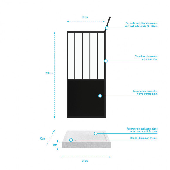 Pack Paroi De Douche 90x200 Noir + Receveur Haut A Poser Blanc Effet Pierre 90x90 - Anti-derapant
