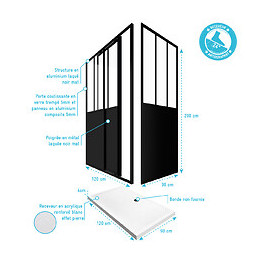 Pack Complet Paroi Porte De Douche Coulissante 120cm+ Paroi De Retour Type Atelier+ Receveur Blanc