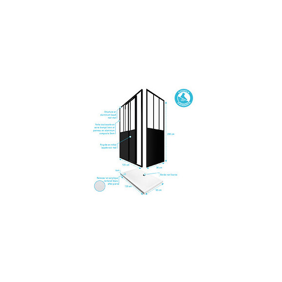Pack Complet Paroi Porte De Douche Coulissante 120cm+ Paroi De Retour Type Atelier+ Receveur Blanc