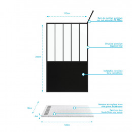Pack Paroi De Douche 120x200 Cm Noir Mat + Receveur Extra Plat À Poser Blanc - Caniveau