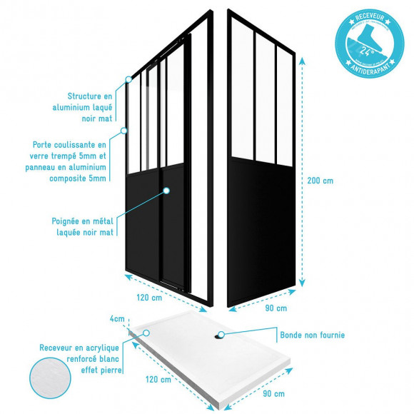 Pack Complet Paroi Porte De Douche Coulissante 120cm+ Paroi De Retour Type Atelier+ Receveur Blanc