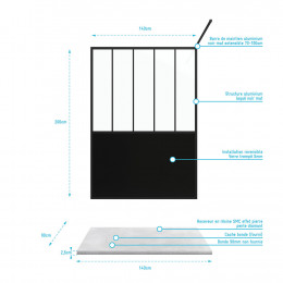 Pack Paroi De Douche 90x200 Cm Noir Mat + Receveur A Poser En Composite Smc 90x140 Cm