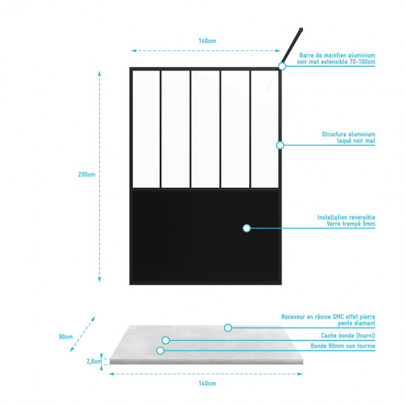 Pack Paroi De Douche 90x200 Cm Noir Mat + Receveur A Poser En Composite Smc 90x140 Cm