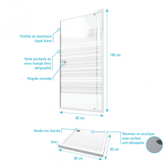 Pack Paroi Porte De Douche 80x185 A Ouverture Frontale + Receveur De Douche A Poser Extra Plat