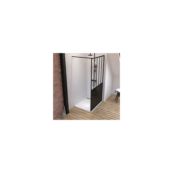 Pack Paroi De Douche 100x200 Cm Noir Mat + Receveur Extra Plat À Poser 100x80 Blanc Effet Pierre