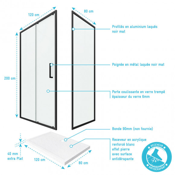 Pack Paroi Porte De Douche + Paroi Retour + Receveur A Poser - 120x80 Coulissante -crush Moon 120x80