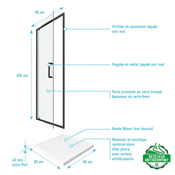 Pack Paroi Porte De Douche Pivotante+ Receveur A Poser - 80x80 -crush Moon Pivotante 80x80