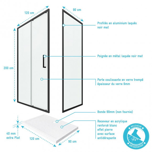 Pack Paroi Porte De Douche + Paroi Retour + Receveur A Poser - 120x90 Coulissante-crush Moon 120x90