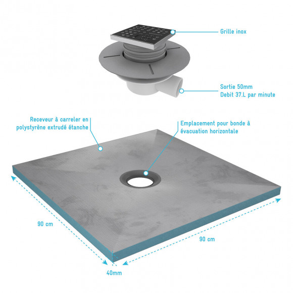 Bac Receveur De Douche À Carreler 90x90cm Recoupable Sur Mesure + Bonde Horizontale - Rainy