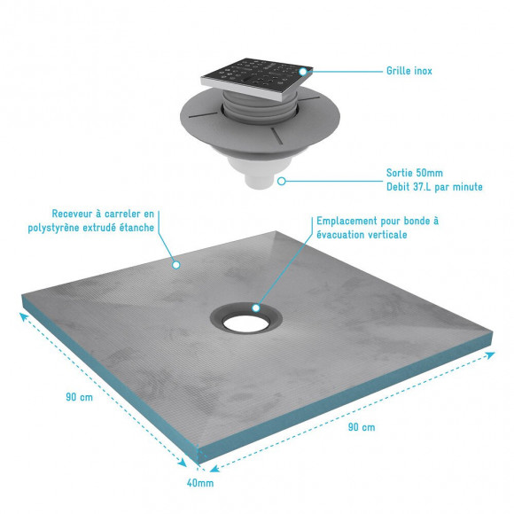 Bac Receveur De Douche À Carreler 90x90cm Recoupable Sur Mesure + Bonde Verticale - Rainy