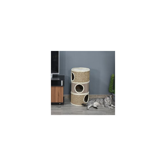 Arbre À Chat Cylindrique - Tour À Griffer Pour Chat - Arbre À Chat Tour - Tonneau Griffoir - 3 Niches + Plateforme - Sisal C