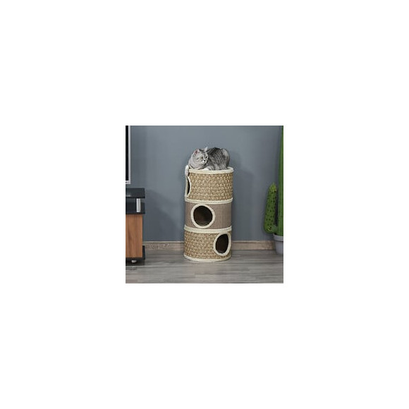 Arbre À Chat Cylindrique - Tour À Griffer Pour Chat - Arbre À Chat Tour - Tonneau Griffoir - 3 Niches + Plateforme - Sisal C