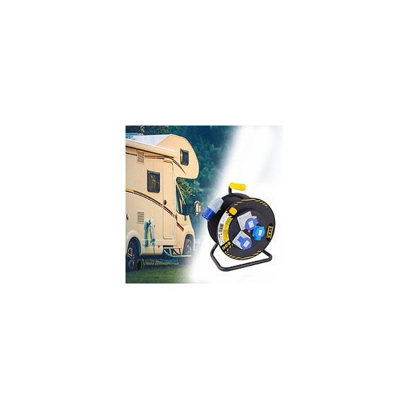 Enrouleur Professionnel 3g2.5mm2, 1 Fiche Cee 2 Prises Cee+1 Shuko. 30m