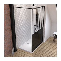 Pack Paroi De Douche 120x200 Cm Noir Mat + Receveur A Poser Rectangle Blanc - Finition Pierre