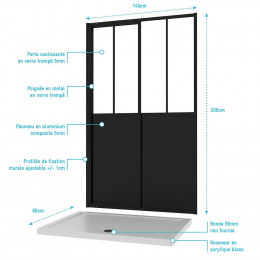 Pack Paroi Porte De Douche 140x200cm + Receveur 140x80 Cm - Workshop Sliding 120 + Whiteness140-80
