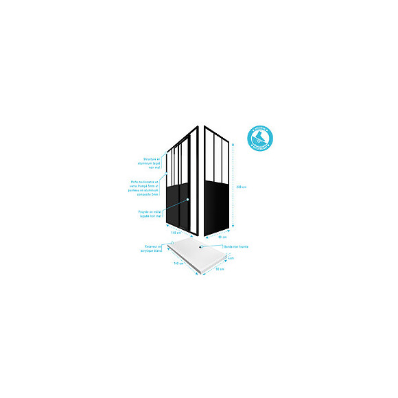 Pack Porte Coulissante 140x200 + Paroi Retour Et Panneau Aluminium Composite + Receveur 140x90