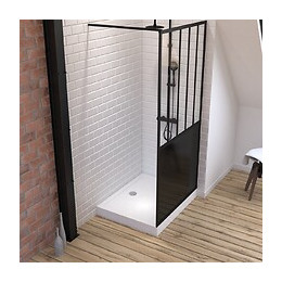 Pack Paroi De Douche 100x200 Cm Noir Mat + Receveur Haut A Poser 100x80 Blanc Effet Pierre