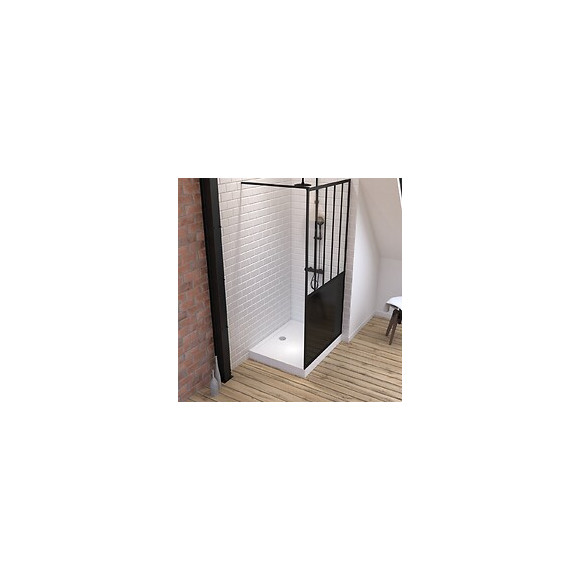 Pack Paroi De Douche 100x200 Cm Noir Mat + Receveur Haut A Poser 100x80 Blanc Effet Pierre