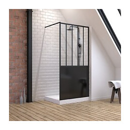 Pack Paroi De Douche 100x200 Cm Noir Mat + Receveur Haut A Poser 100x80 Blanc Effet Pierre