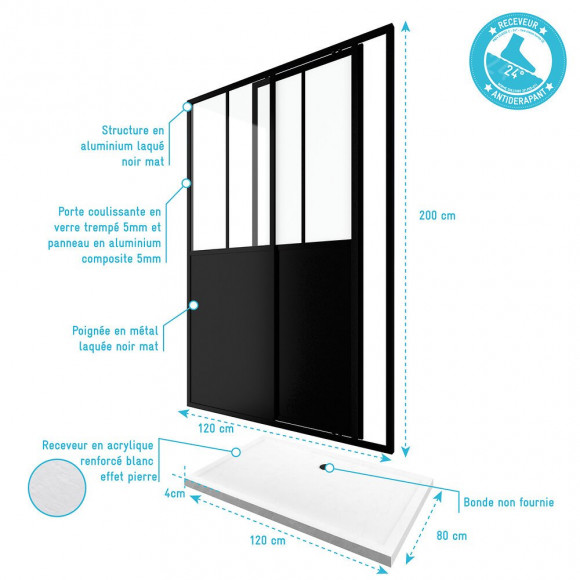 Paroi De Douche Coulissante Type Atelier - 120x200cm + Receveur - Profile Noir Mat - Verre 5mm