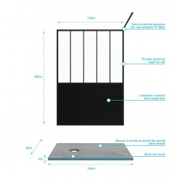 Pack Paroi De Douche 140x200 Cm Noir Mat + Receveur De Douche A Carreler 140x90 Cm Recoupable
