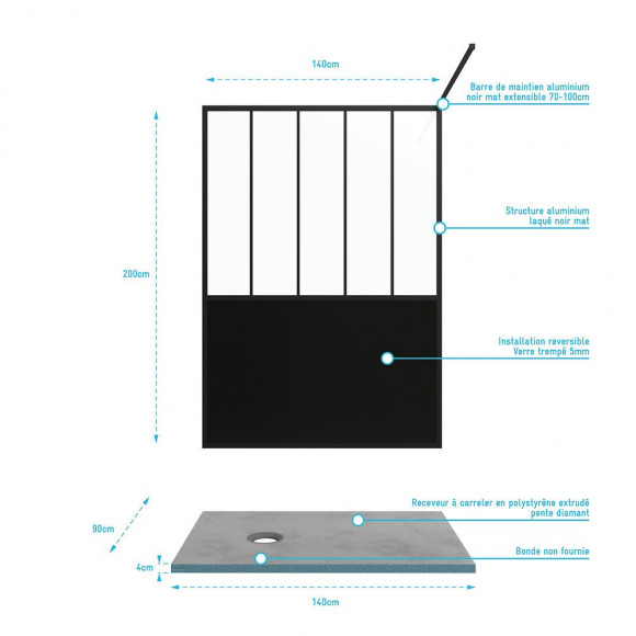 Pack Paroi De Douche 140x200 Cm Noir Mat + Receveur De Douche A Carreler 140x90 Cm Recoupable