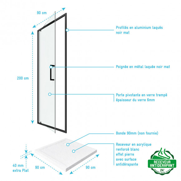 Pack Paroi Porte De Douche Pivotante+ Receveur A Poser - 90x90 Pivotante -crush Moon Pivotante 90x90