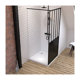 Pack Paroi De Douche 90x200 Cm Noir Mat + Receveur A Poser Carre Blanc Finition Pierre