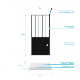 Pack Paroi De Douche 90x200 Cm Noir Mat + Receveur A Poser Carre Blanc Finition Pierre