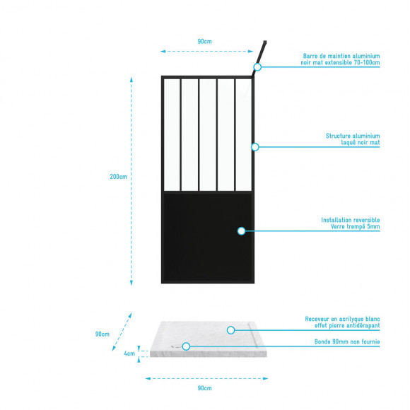 Pack Paroi De Douche 90x200 Cm Noir Mat + Receveur A Poser Carre Blanc Finition Pierre
