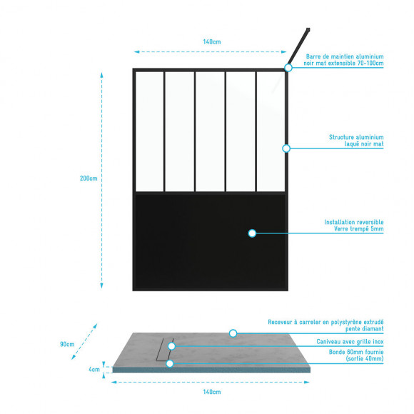 Pack Paroi De Douche 140x200 Cm Noir Mat + Receveur De Douche A Carreler 90x140cm Recoupable