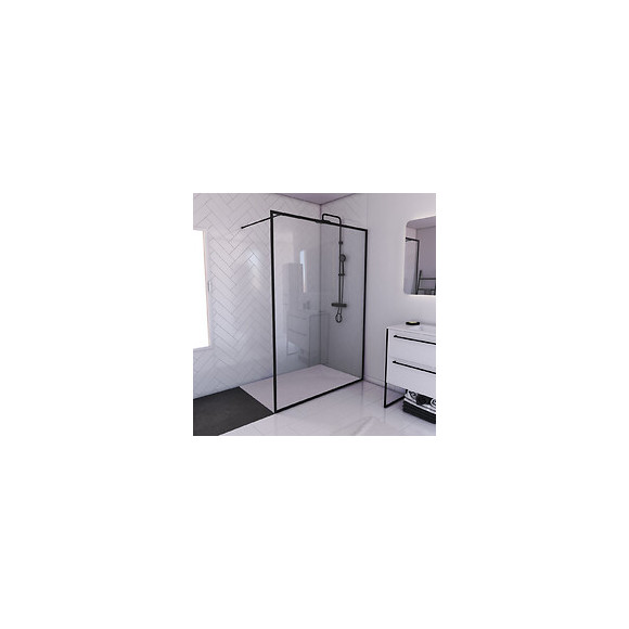Paroi De Douche 140x200cm + Receveur A Poser - 140x90cm - Cadre Et Barre Noir Mat - Contouring 120