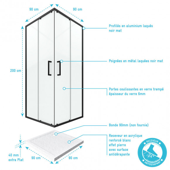 Pack Paroi Porte De Douche D'angle+ Receveur A Poser-90x90 Ouverture En Angle-crush Moon Angle 90x90