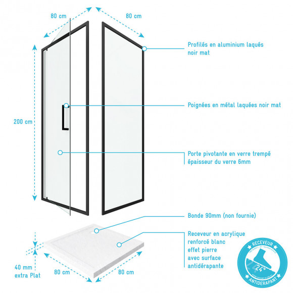 Pack Paroi Porte De Douche Pivotante+ Receveur A Poser - 80x80 Pivotante -crush Moon Pivotante 80x80