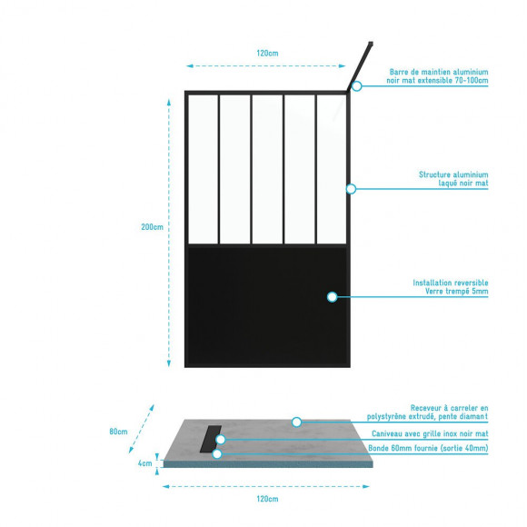 Pack Paroi De Douche 120x200 Cm Noir Mat + Receveur De Douche A Carreler 80x120cm Recoupable