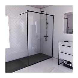 Paroi De Douche 140x200 + Receveur A Poser 140x90 Cm + Cadre Et Barre Noir Mat - Contouring 140